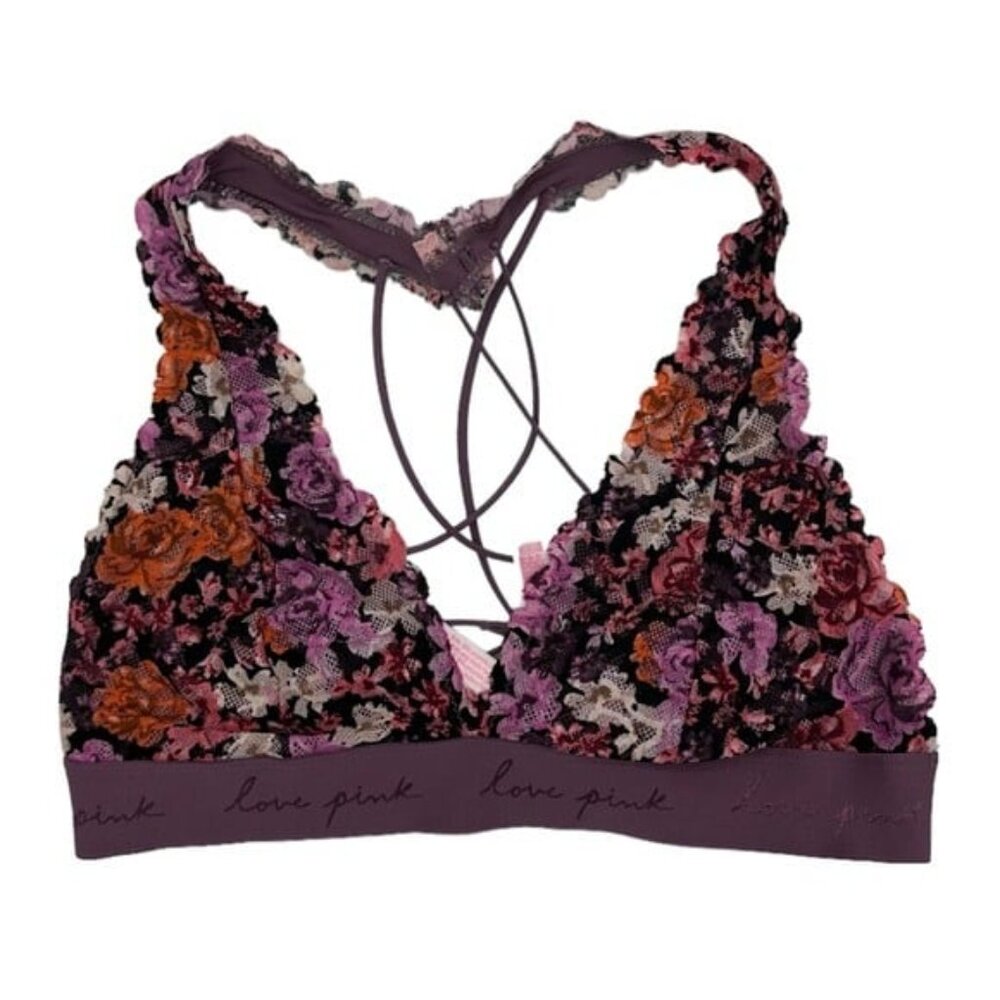 Victoria’s Secret PINK Purple Floral Lacy Lace Strappy Back Bralette medium